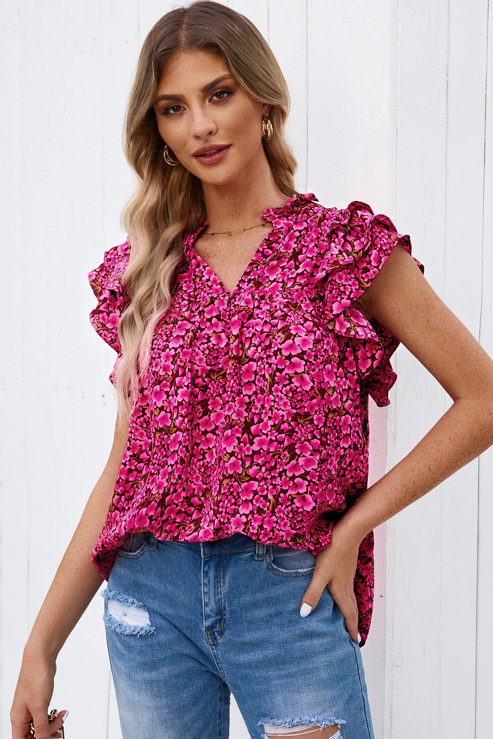 Khaki Floral Print Tiered Flutter Sleeve V Neck Top