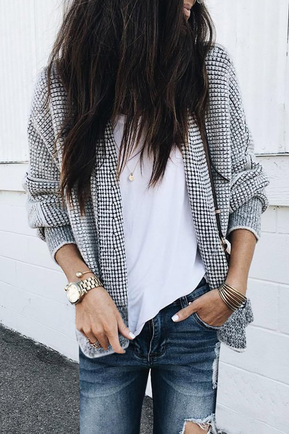 Grey Plaid Contrast Trim Open Front Cardigan