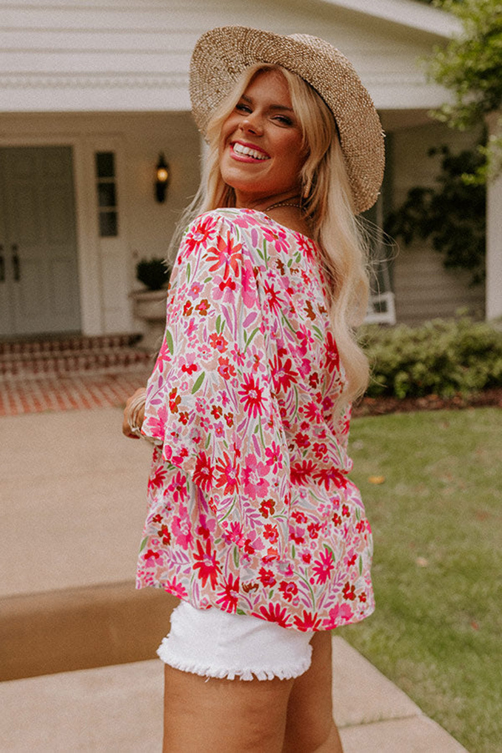 Pink Floral Ruffled Half Sleeve V-Neck Plus Size Blouse