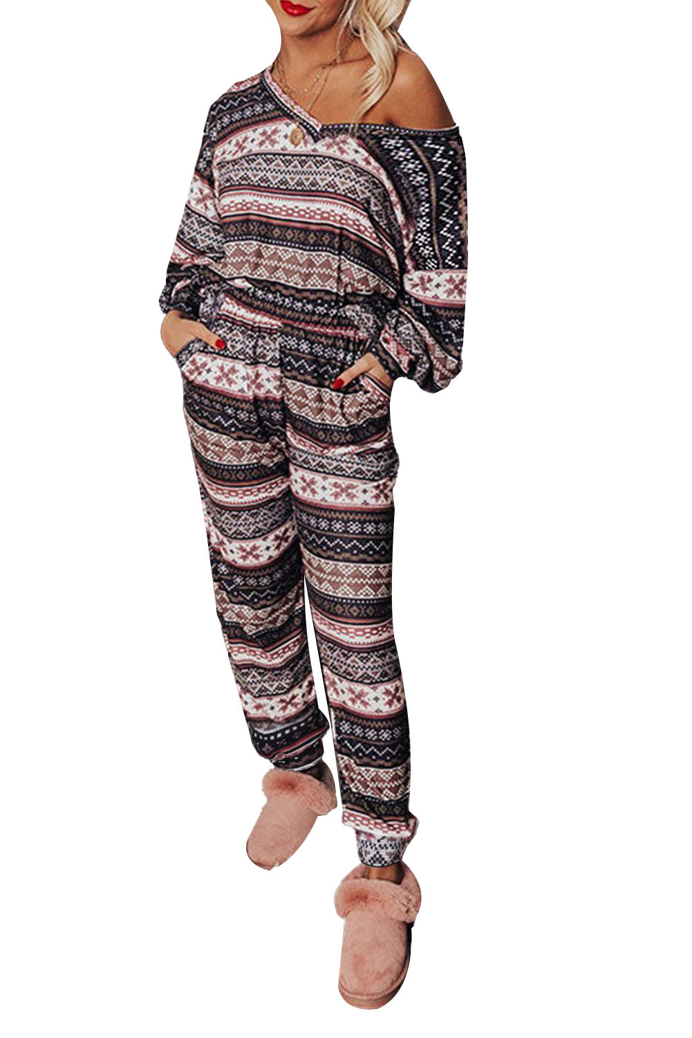 Black Christmas Snowflake Print Long Sleeve and Joggers Lounge Set