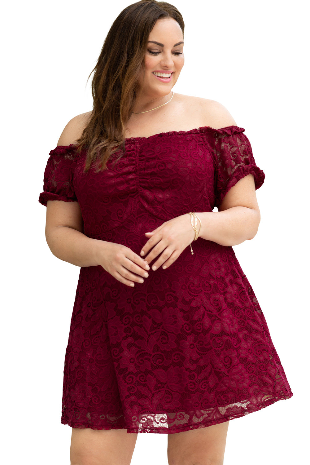 Red Lace Frill Bubble Sleeve Off Shoulder Plus Size Dress