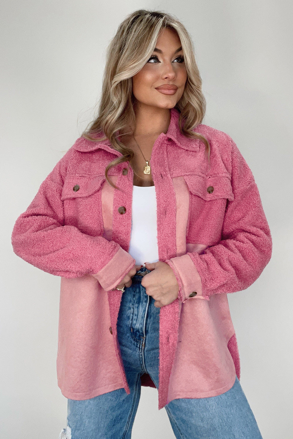 Pink Colorblock Buttoned Flap Pocket Sherpa Shacket