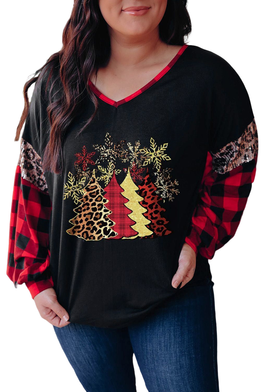 Black Sequined Leopard Insert Plaid Sleeve Plus Size Top