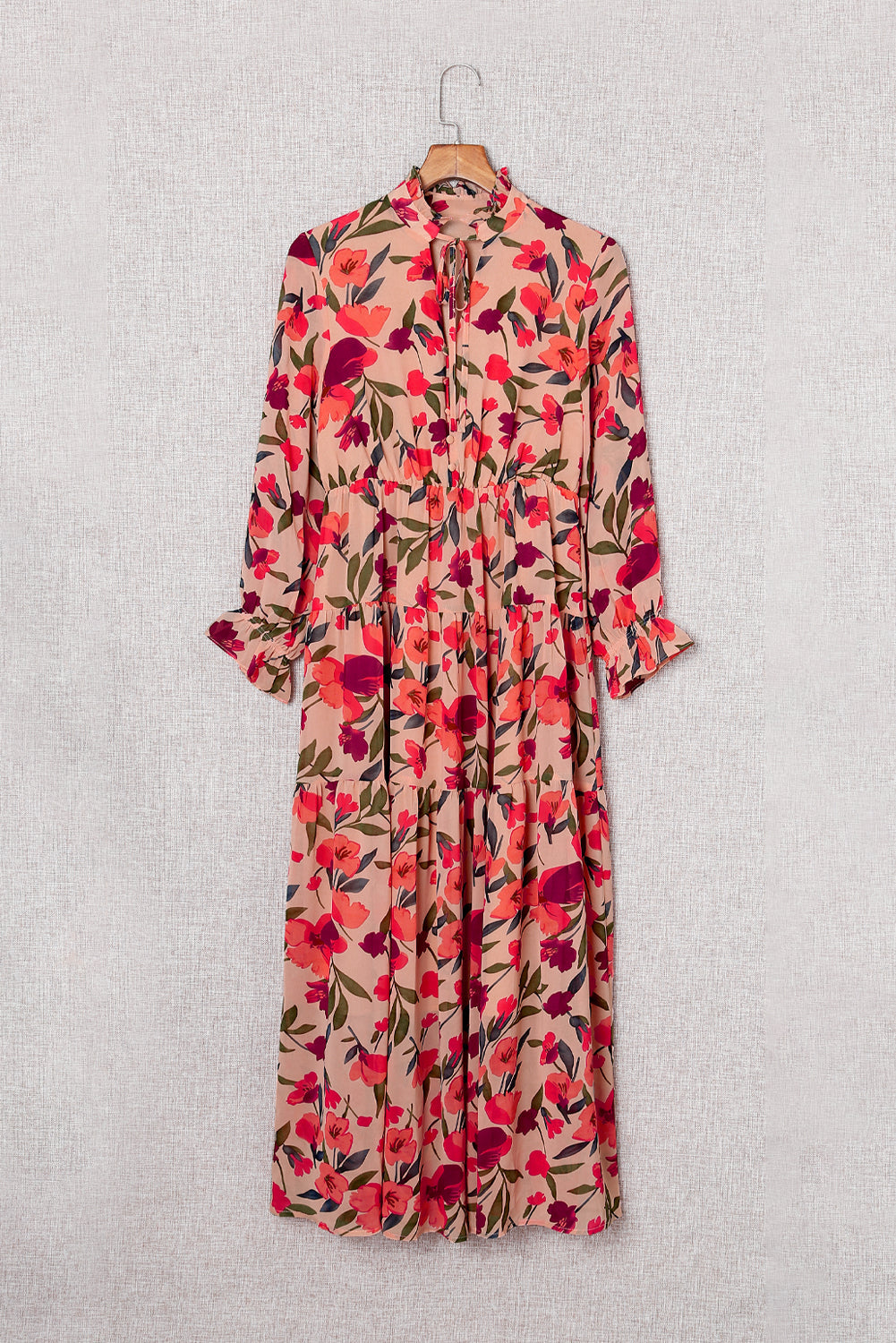 Red Frilled Collar Long Sleeve Tiered Maxi Floral Dress