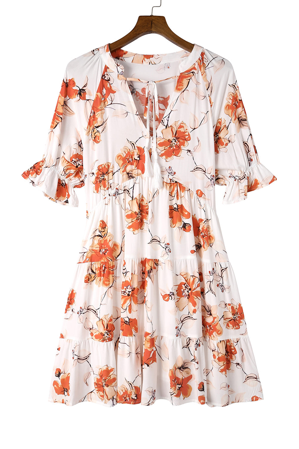 Beige Blooming Floral Tassel Tie Babydoll Dress