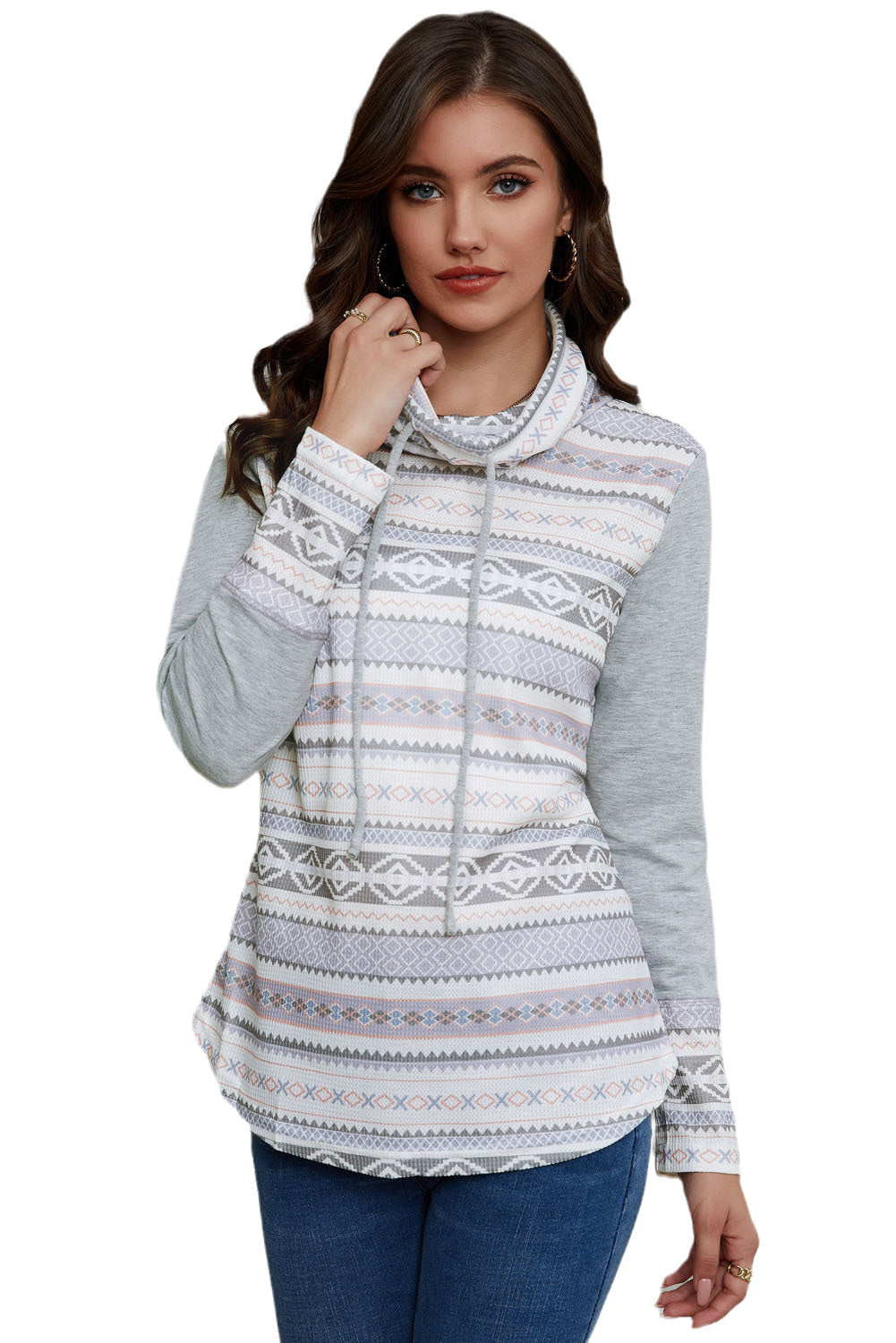 Gray Aztec Print Amicg Knit Cowl Neck Sweatshirt