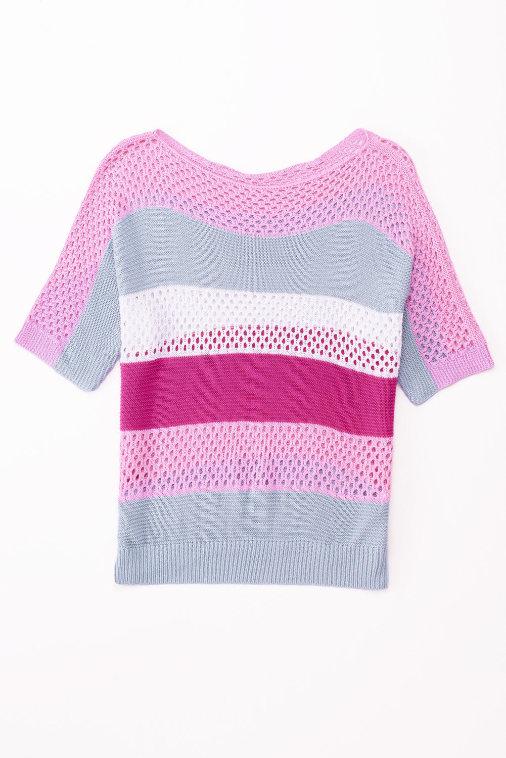 Sky Blue Knitted Eyelet Colorblock Striped Half Sleeves Top