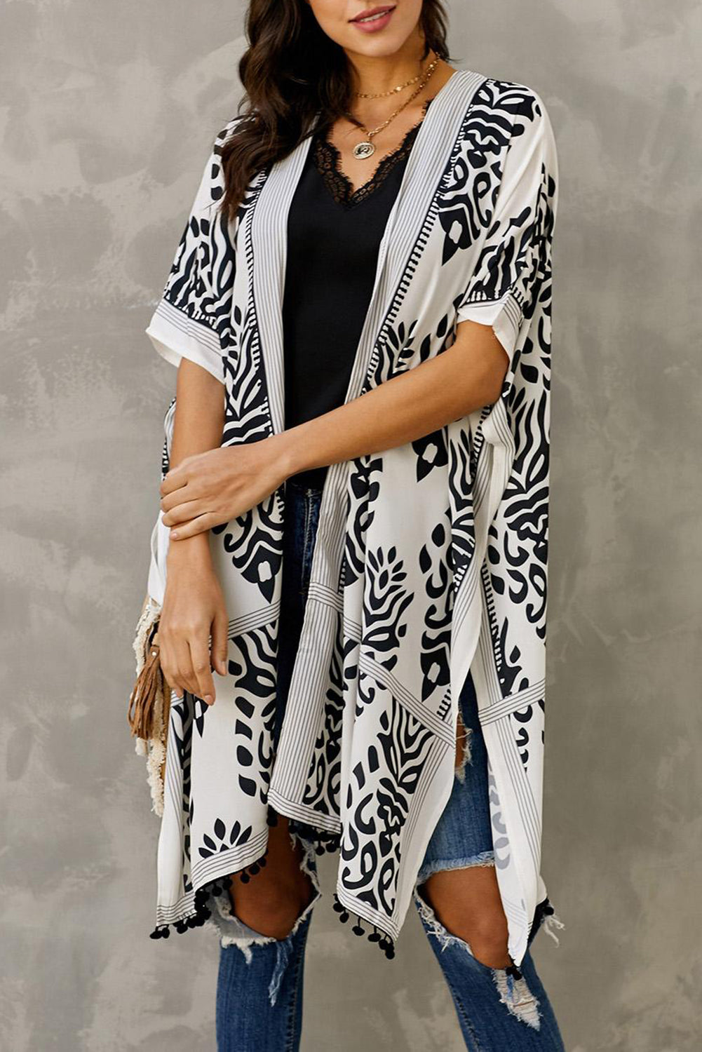 Black Prowess Pom Pom Kimono