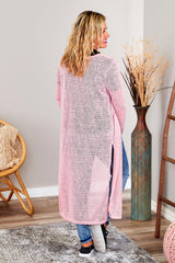 Pink Sheer Knitted Long Side Slit Plus Size Cardigan