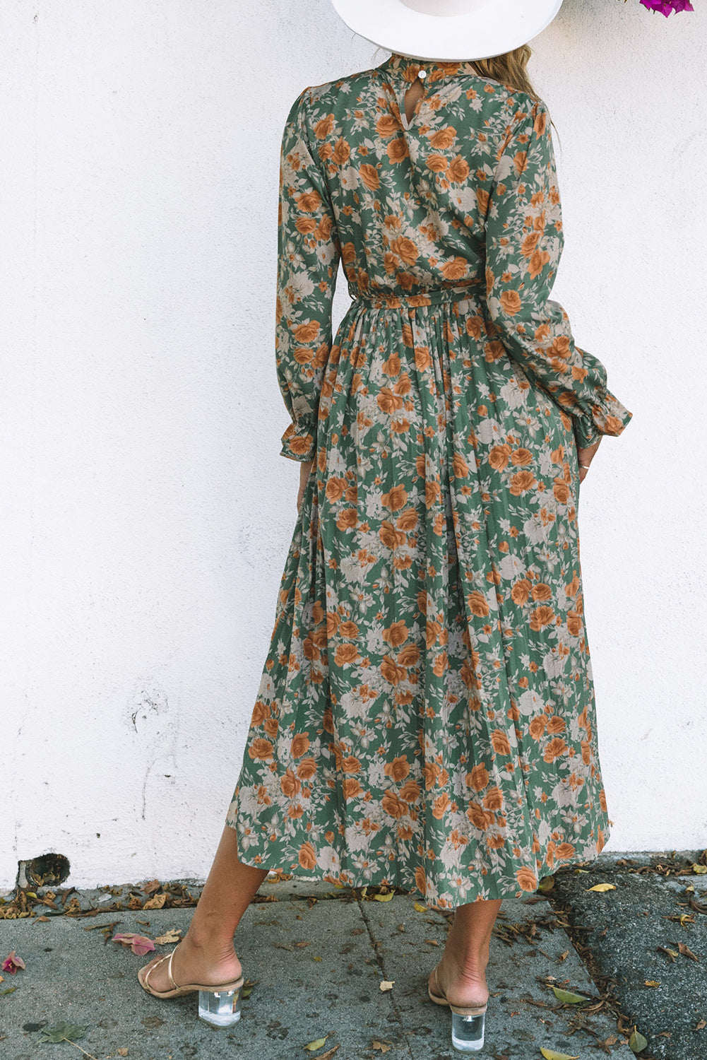 Green Pleated Long Sleeve Maxi Floral Dress with Tie