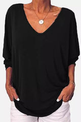 Black Button Decor Loose Fit V Neck Top