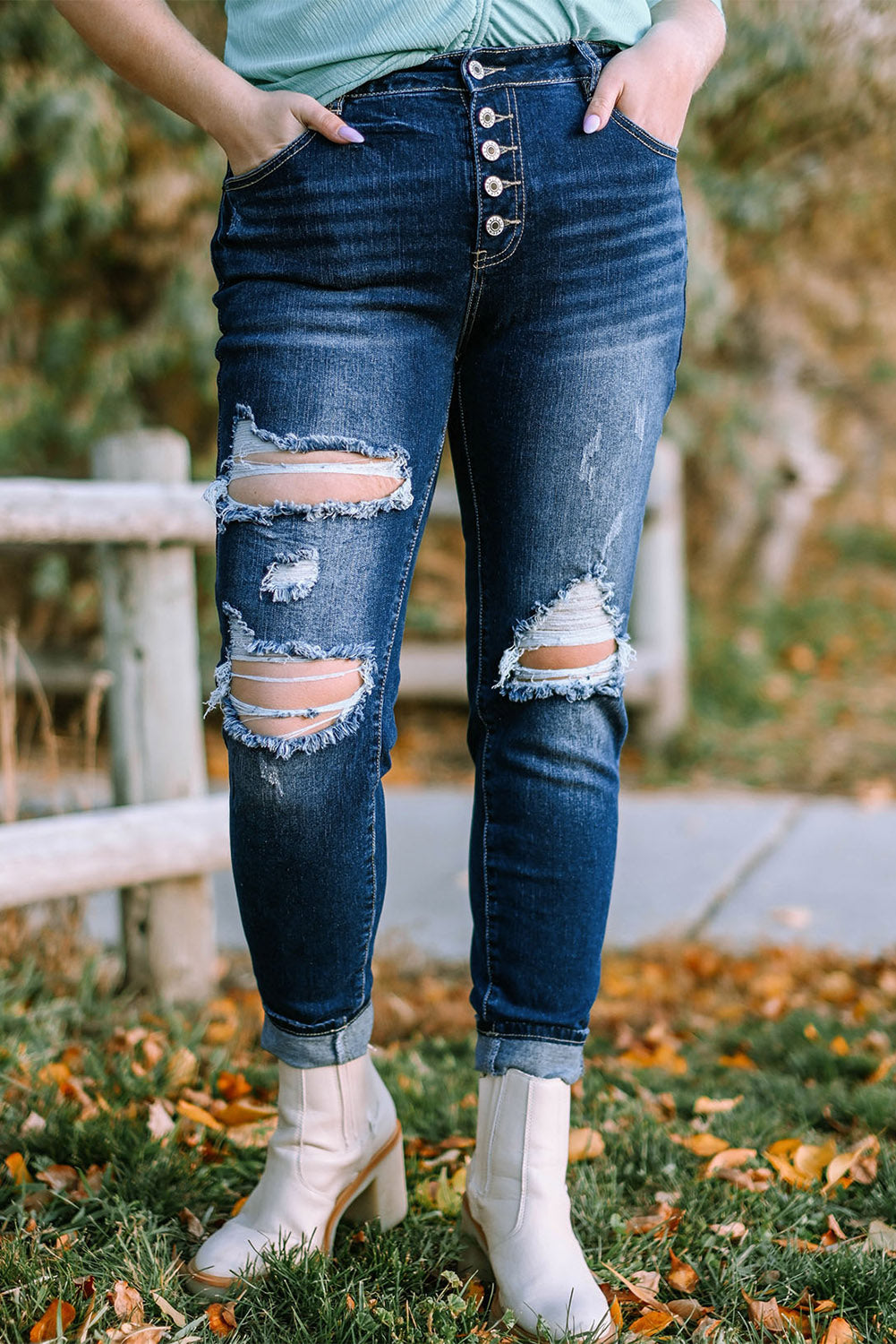 Blue Medium Wash Button Fly Distressed Plus Size Jeans