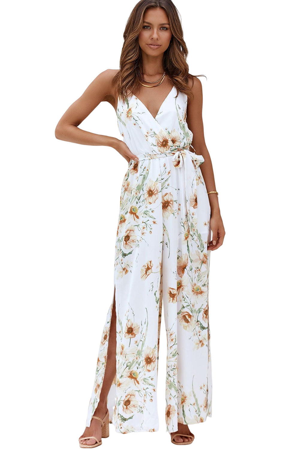 White Poppy Print Belted Cami Wide Leg Jumpsuit