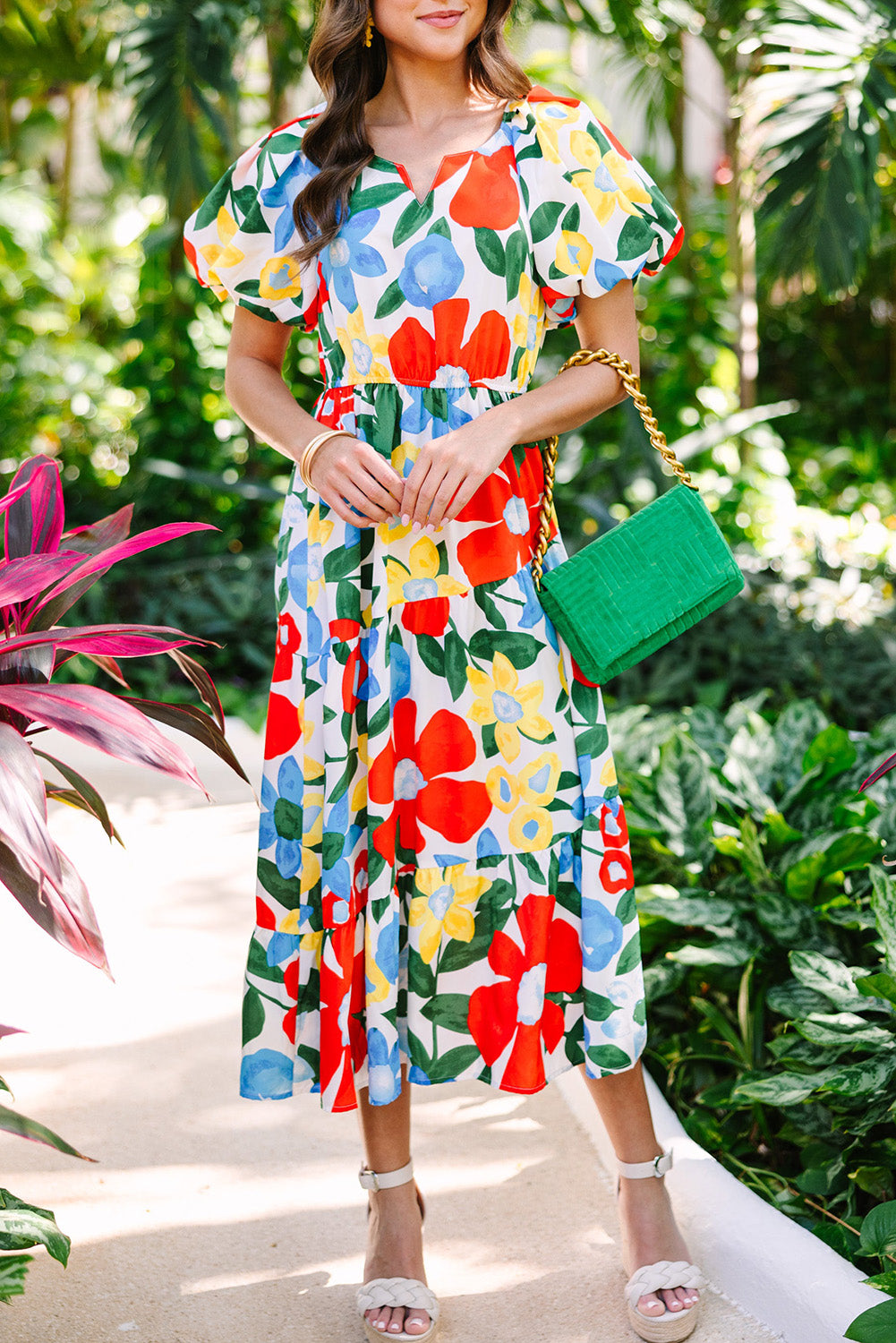 Multicolor Flutter Sleeve V Neck High Waist Floral Midi Dress