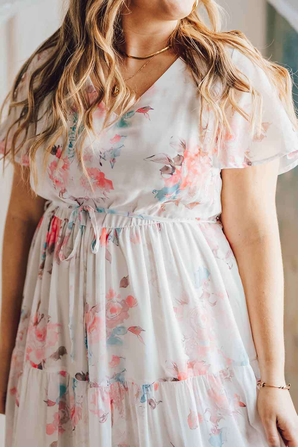 White V Neck Short Sleeves Floral Print Maxi Dress