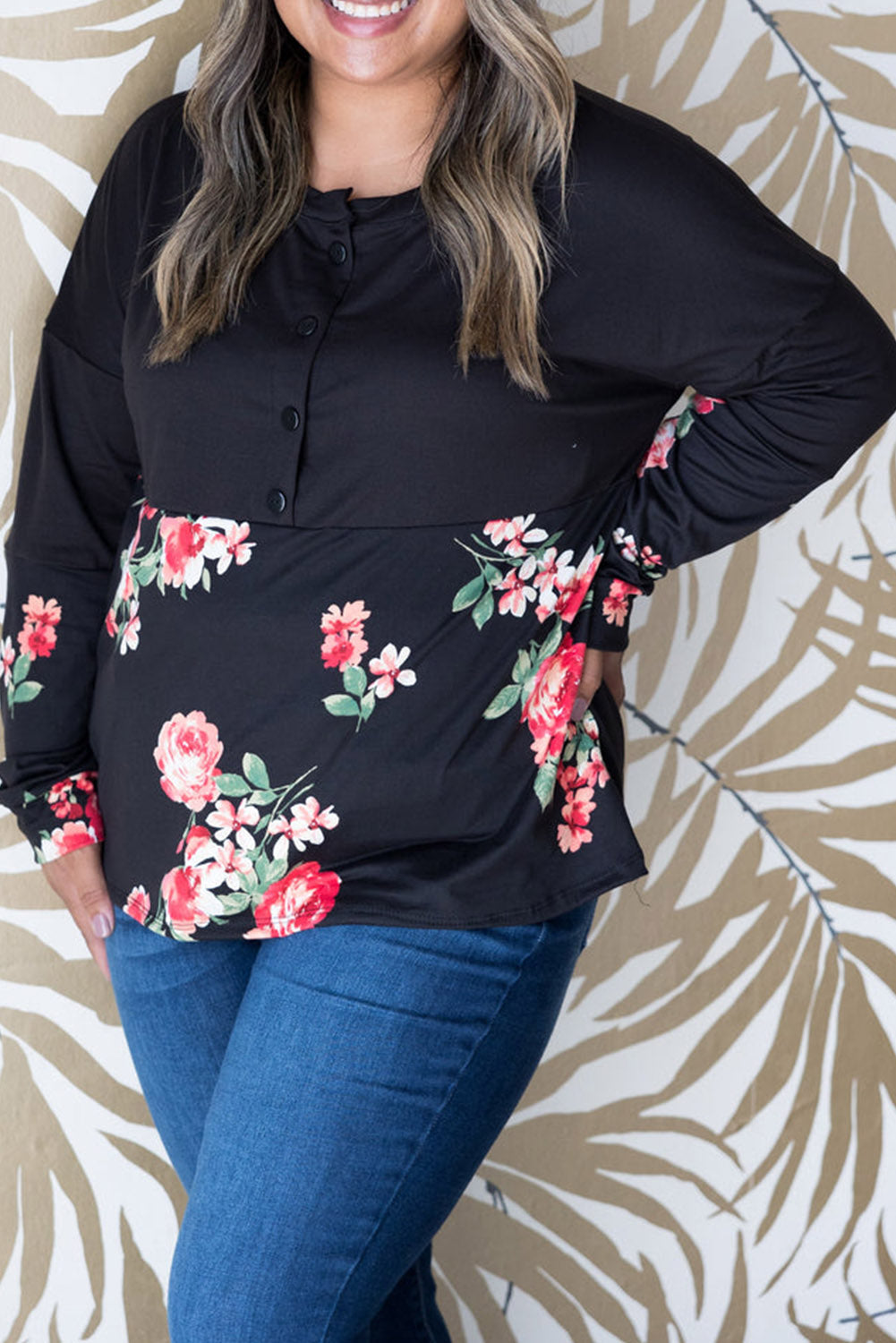 Black Plus Size Floral Printed Splicing Half Button Top