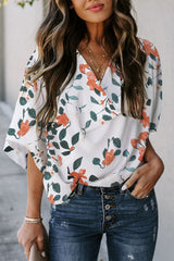 White Floral Print Drape V Neck Short Sleeve Blouse