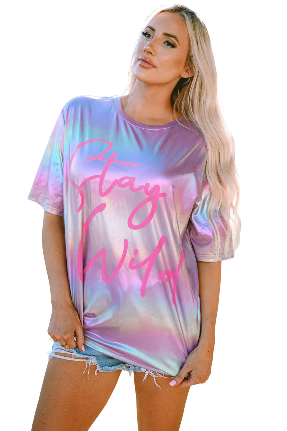 Purple Shiny Iridescent Stay Wild Graphic Oversized Tee