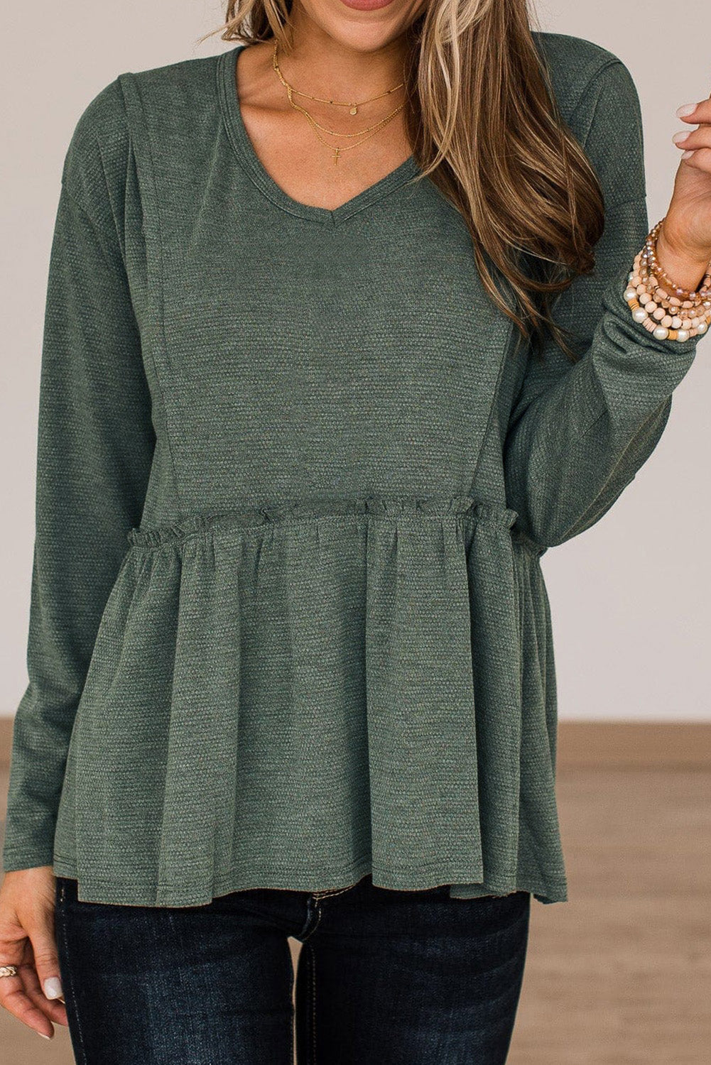 Green Outseam Detail Long Sleeve Peplum Top