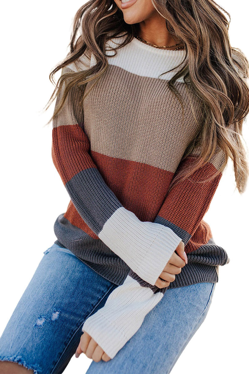 Color Block Knitted O-neck Pullover Sweater