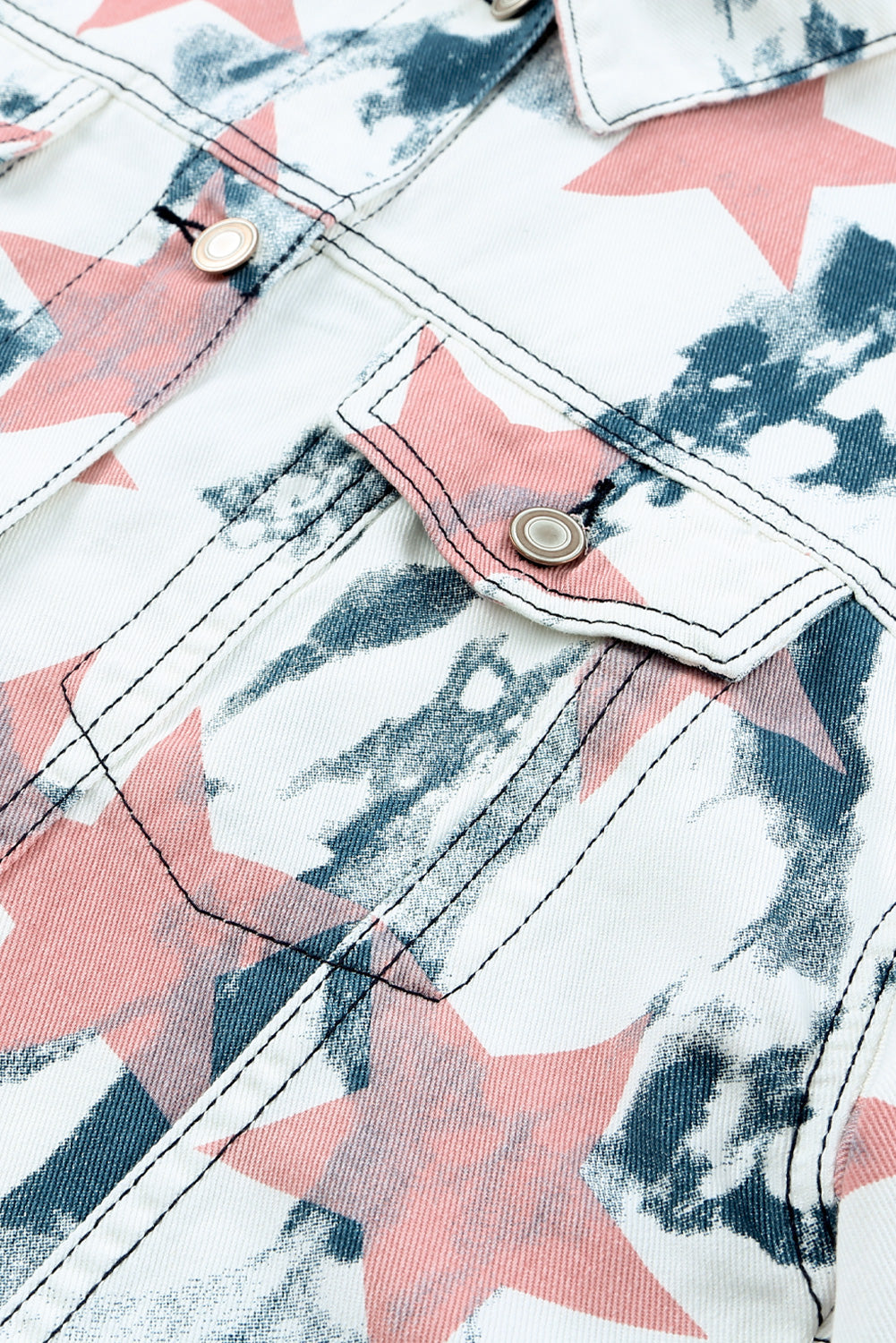 White Stars Tie Dye Print Buttoned Denim Jacket