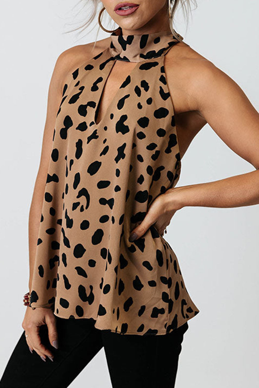 Leopard Print Keyhole Lace-up Halter Open Back Tank Top