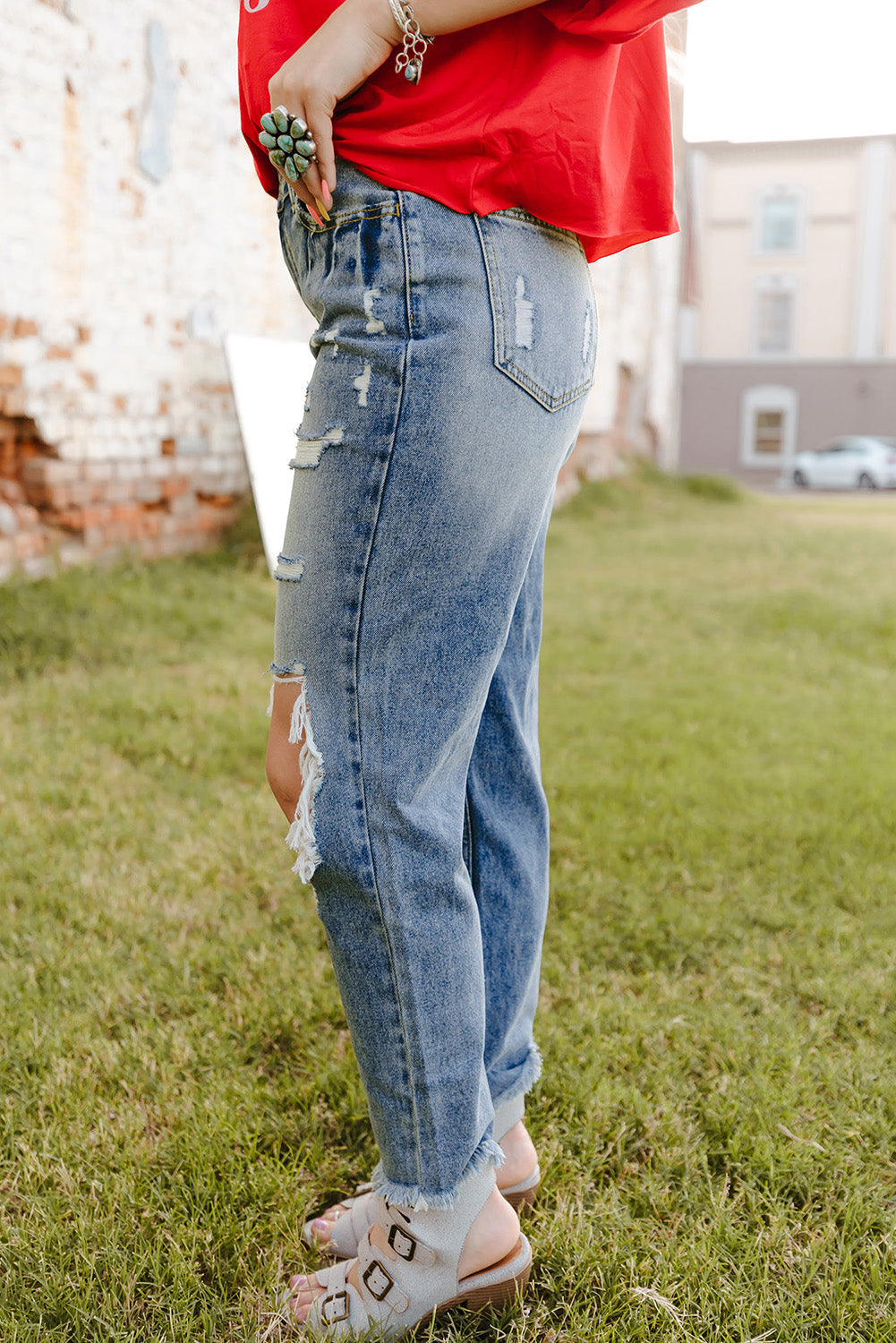 Sky Blue Ripped High Waist Boyfriend Jeans