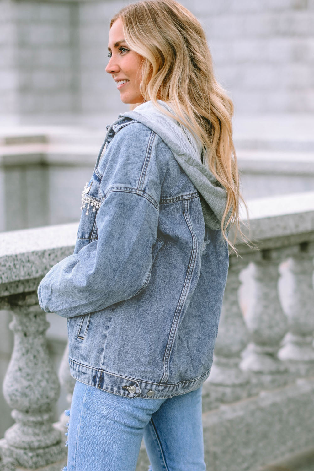 Sky Blue Rhinestone Fringed Pocket Buttoned Hooded Denim Jacket