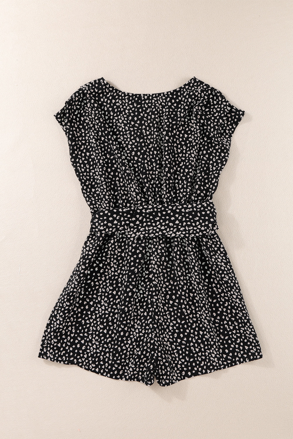 Black Leopard Print Belted V Neck Short Sleeve Romper