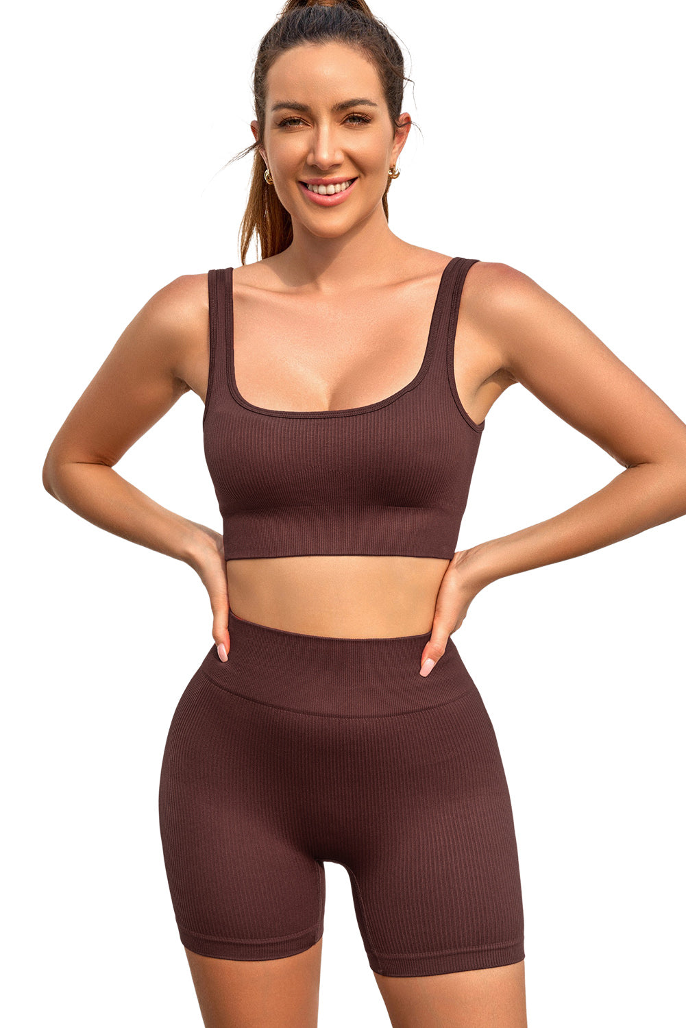 Black 2pcs Solid Color Ribbed Knit Yoga Set