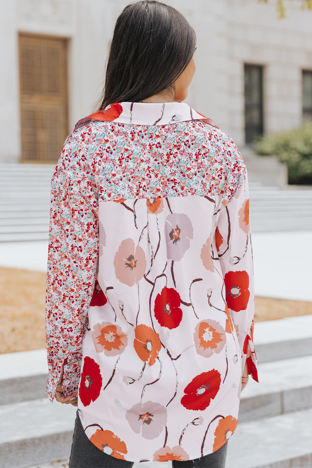 Red Floral Patchwork Buttoned Shirt with Pocket