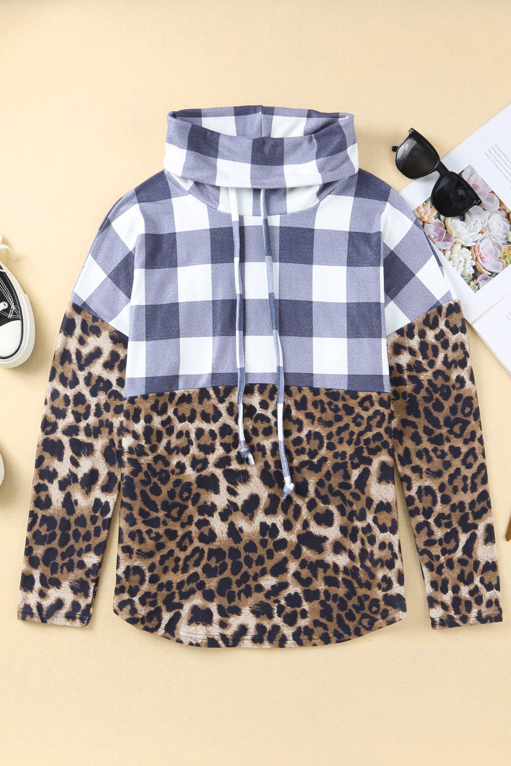 Leopard Plaid Patchwork Cowl Neck Sweatshirt