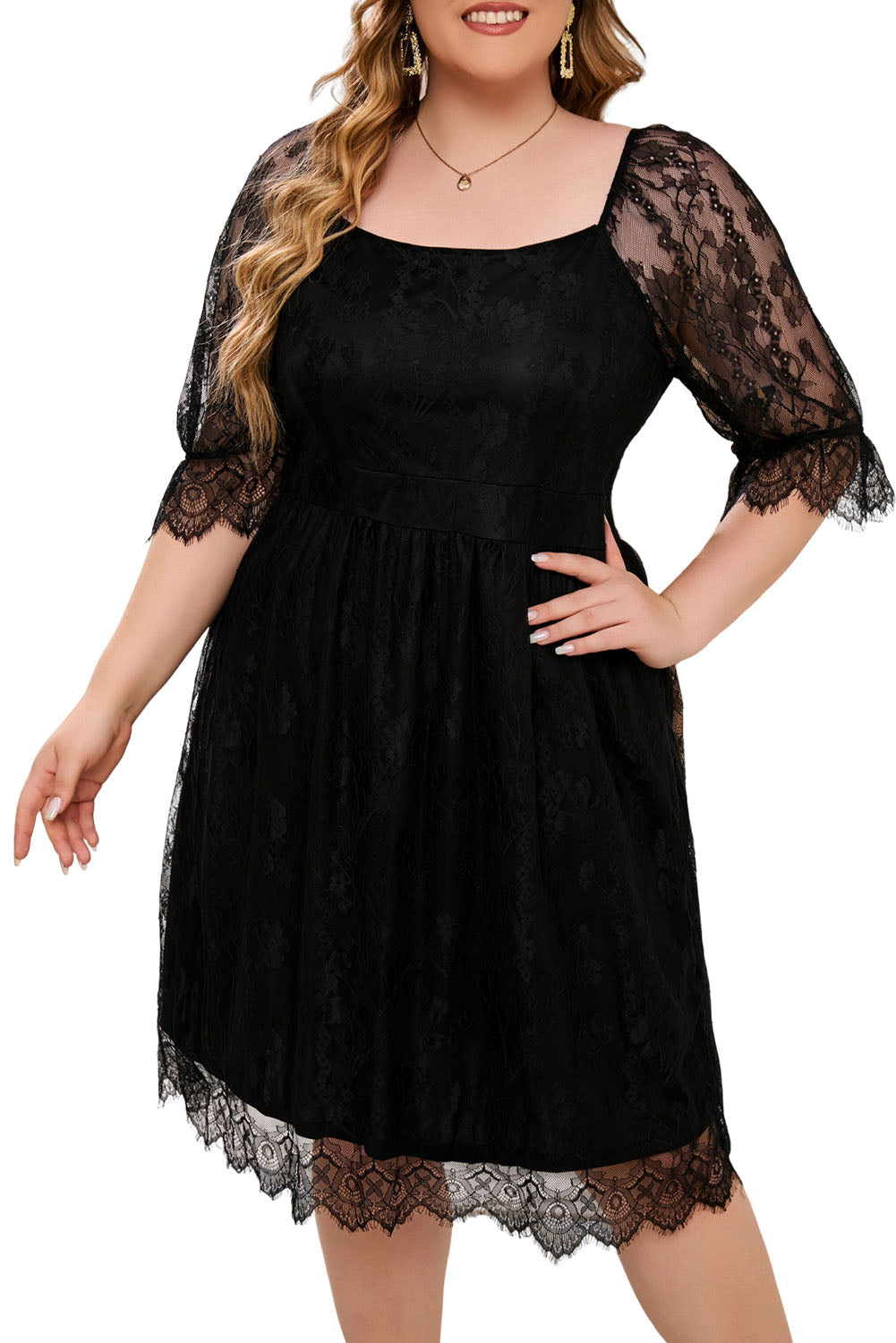 Black Eyelash Lace Square Neck Plus Size Dress