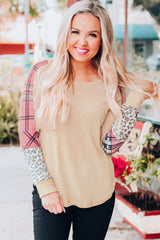 Khaki Checkered Leopard Raglan Sleeve Top
