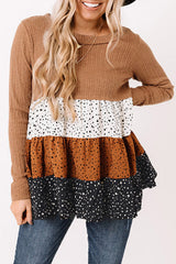 Brown Ribbed Long Sleeve Dotted Tiered Ruffled Flowy Top