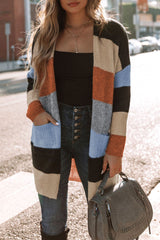 Multicolor Colorblock Pocketed Open Front Cardigan