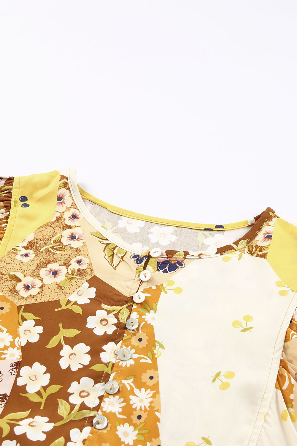 Yellow Floral Buttoned Pleated Long Sleeve Babydoll Dress