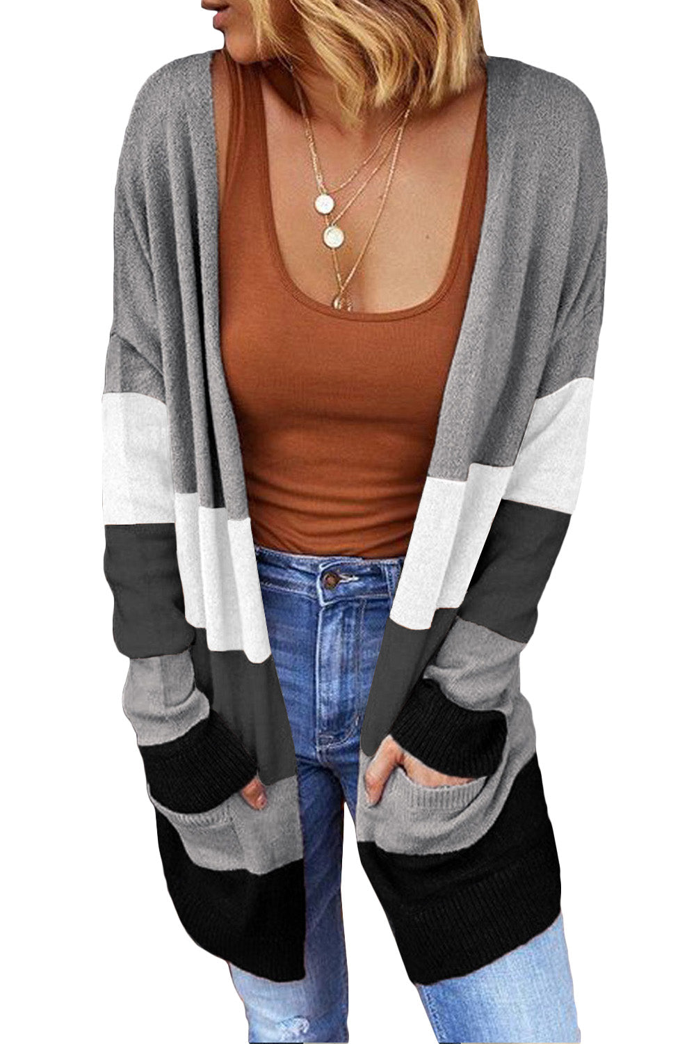 Khaki Open Front Colorblock Cardigan with Pockets