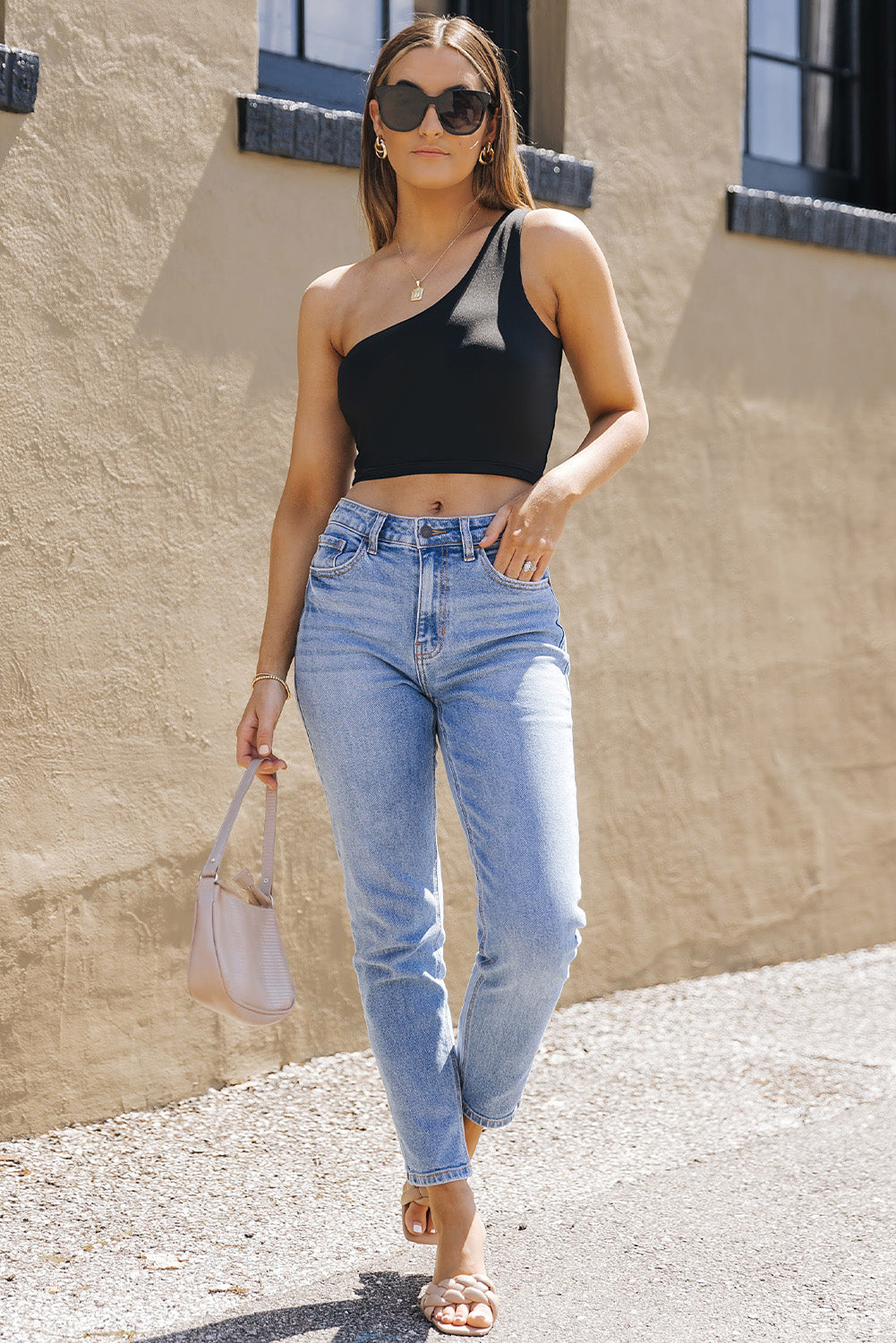 Black One Shoulder Sleeveless Crop Top