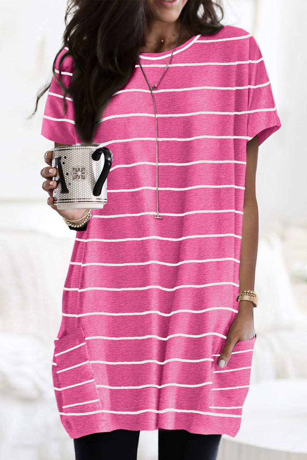 Black Striped Print Side Pockets Short Sleeve Tunic Top