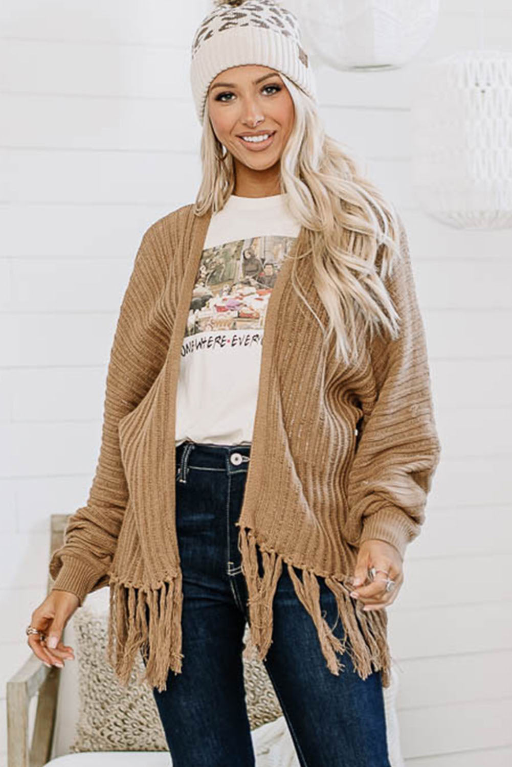 Khaki Fringe Open Front Knit Cardigan