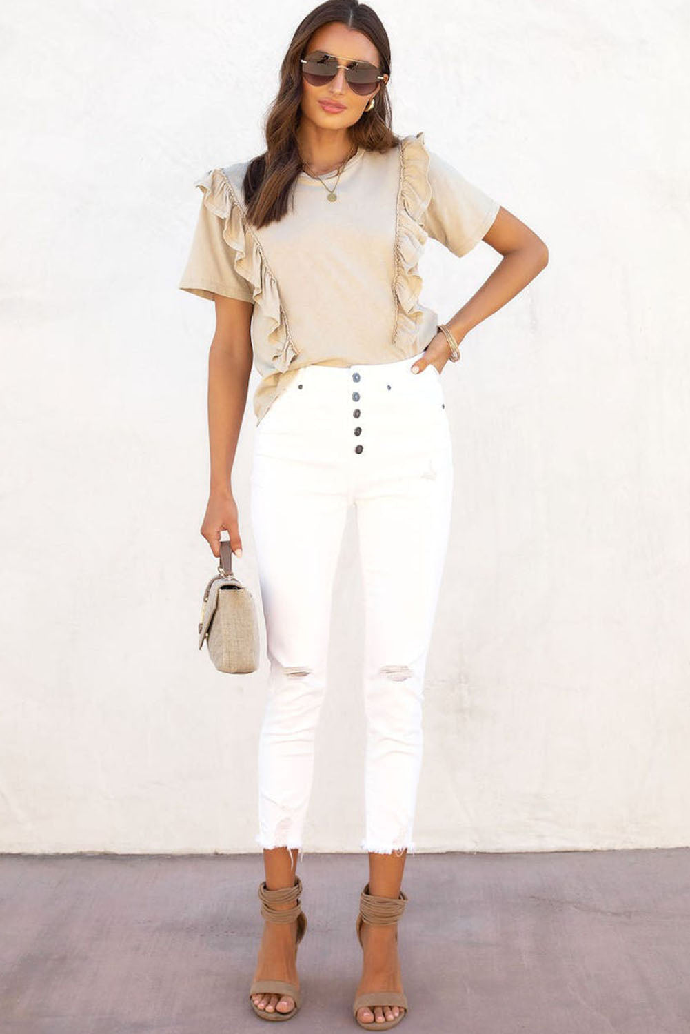 Khaki Solid Ruffle Trim Short Sleeve Top