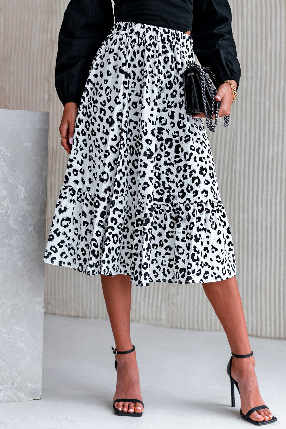 Leopard Print Ruffle Hem Slit Midi Skirt