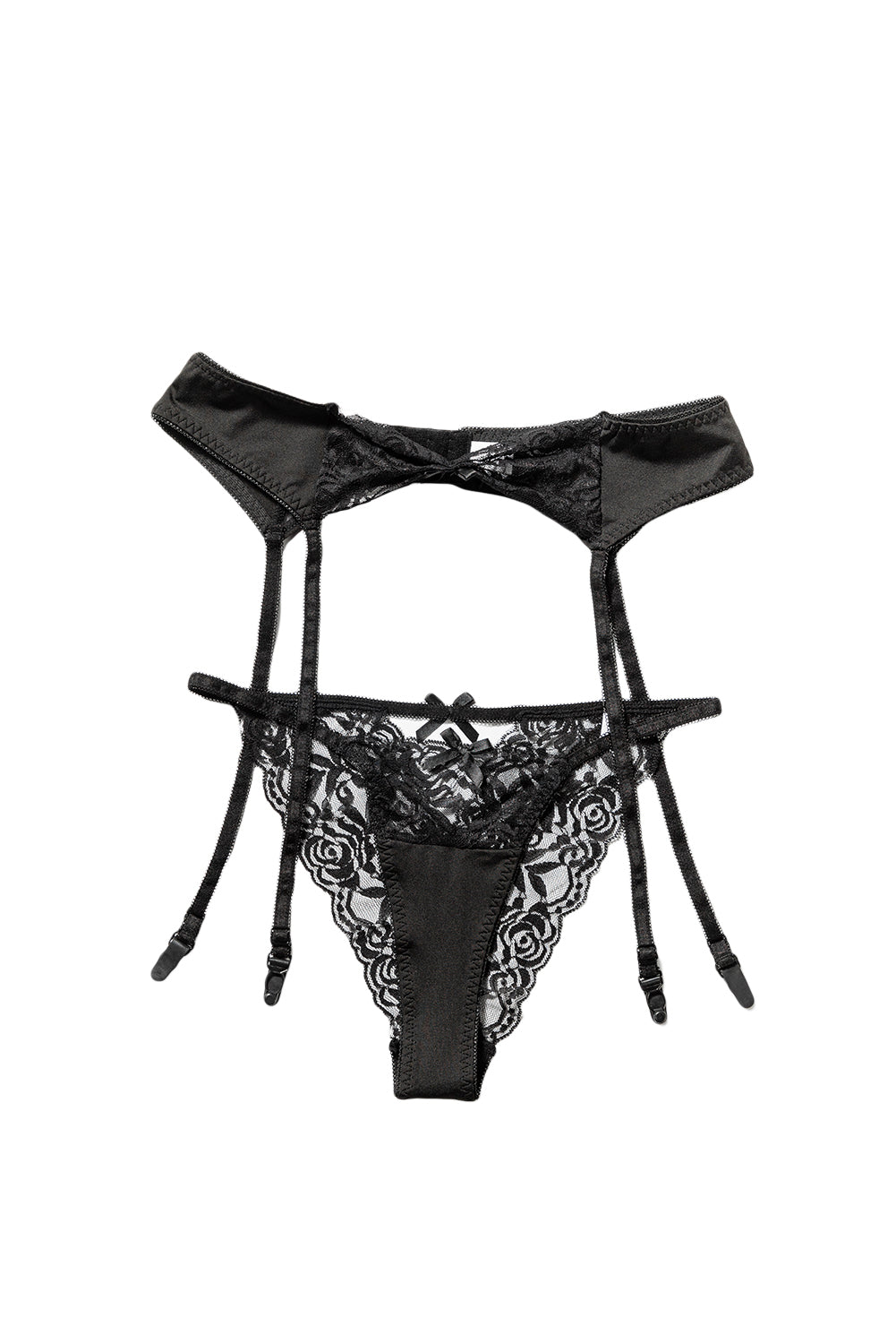 Black Bow Knot Mesh Contrast Garter Belt with Thong