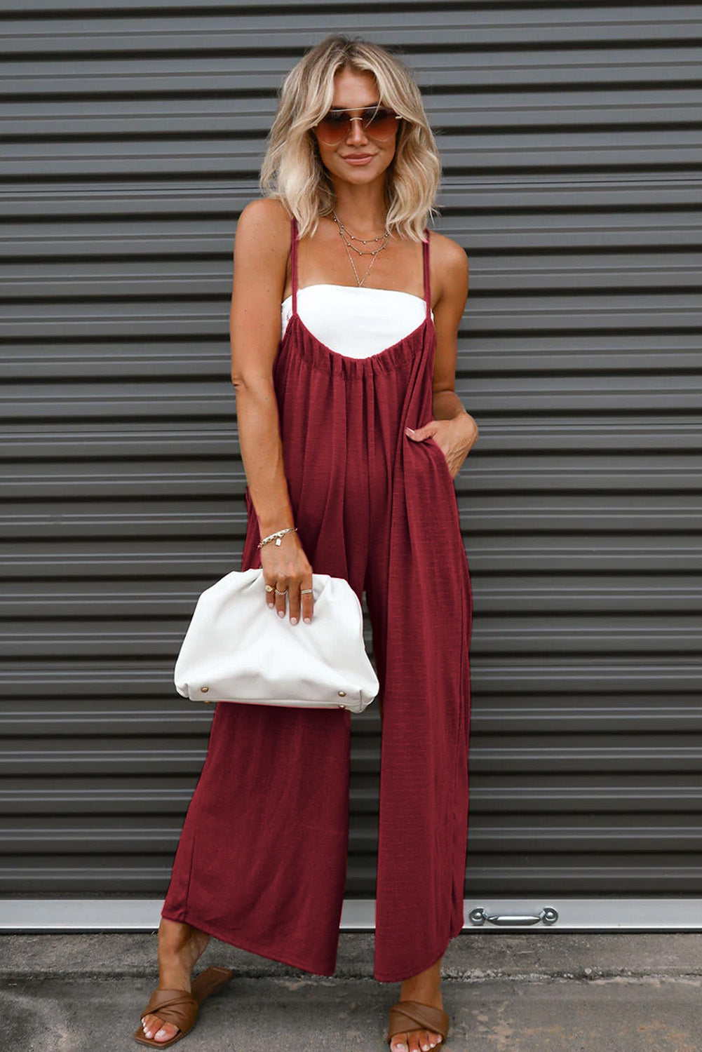 Gray Solid Spaghetti Strap Wide Leg Overall