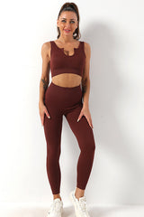 Brown Solid Ribbed High Waist Tummy Control Yoga Pants