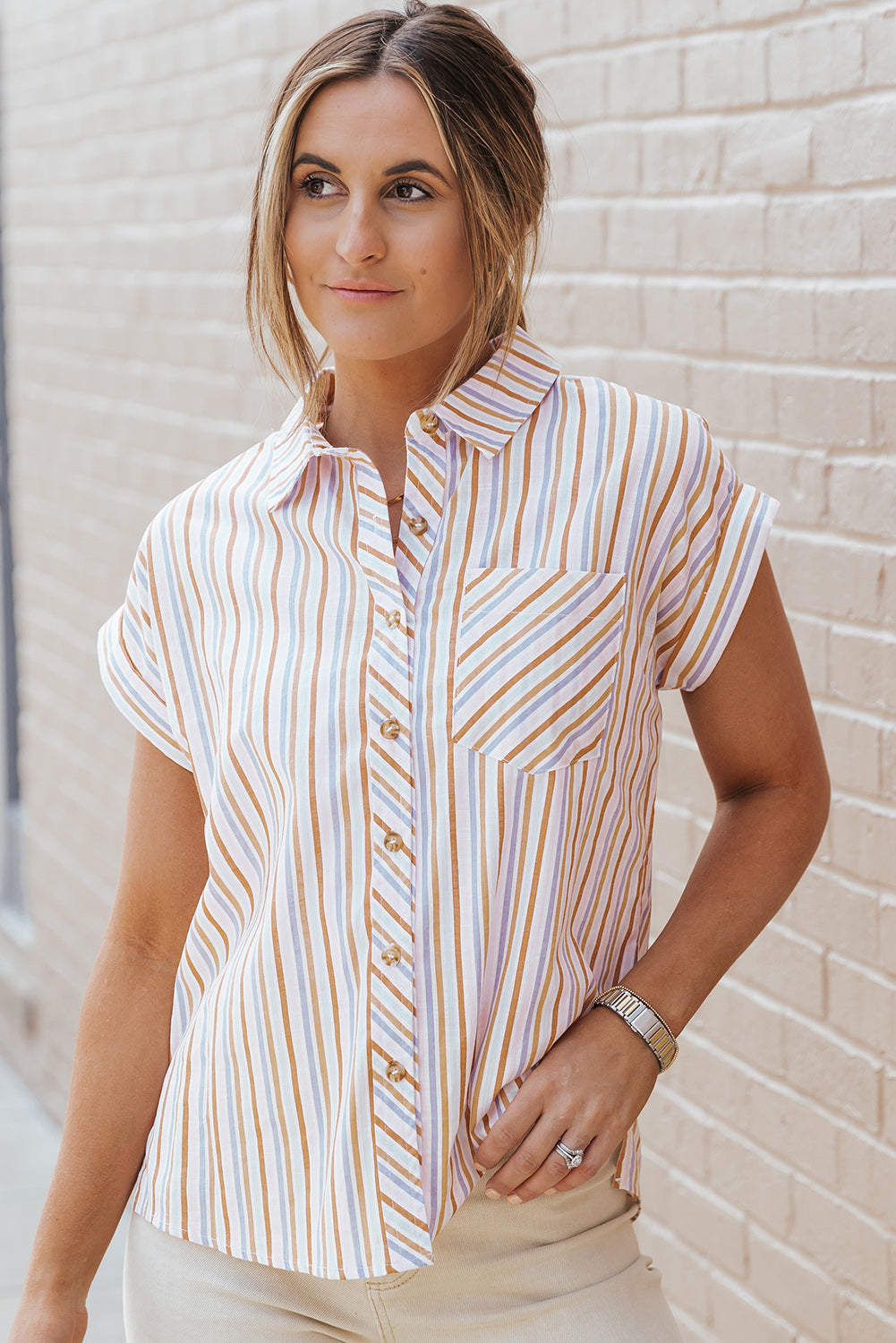 Multicolor Stripe Short Sleeve Button up Shirt