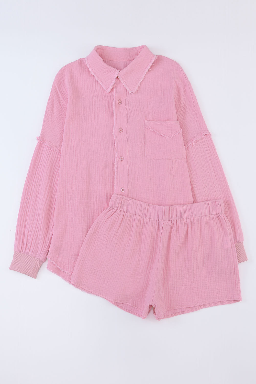 Pink Crinkle Frayed Long Sleeve Shirt and Casual Shorts Set