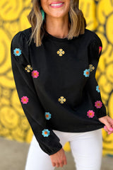 Black Floral Embroidered Puff Sleeve Top