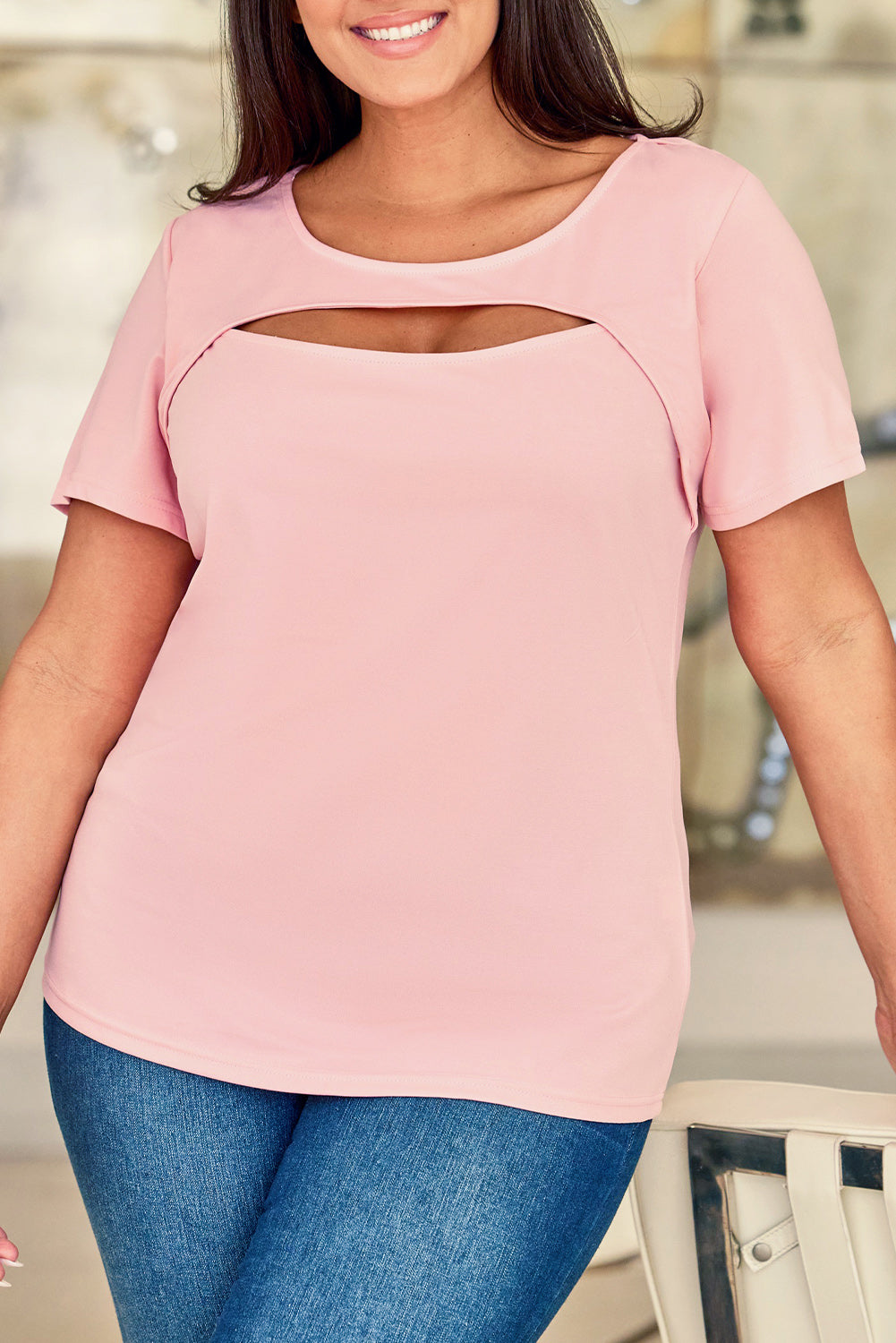 Pink Peekaboo Cutout Front Plus Size T-shirt